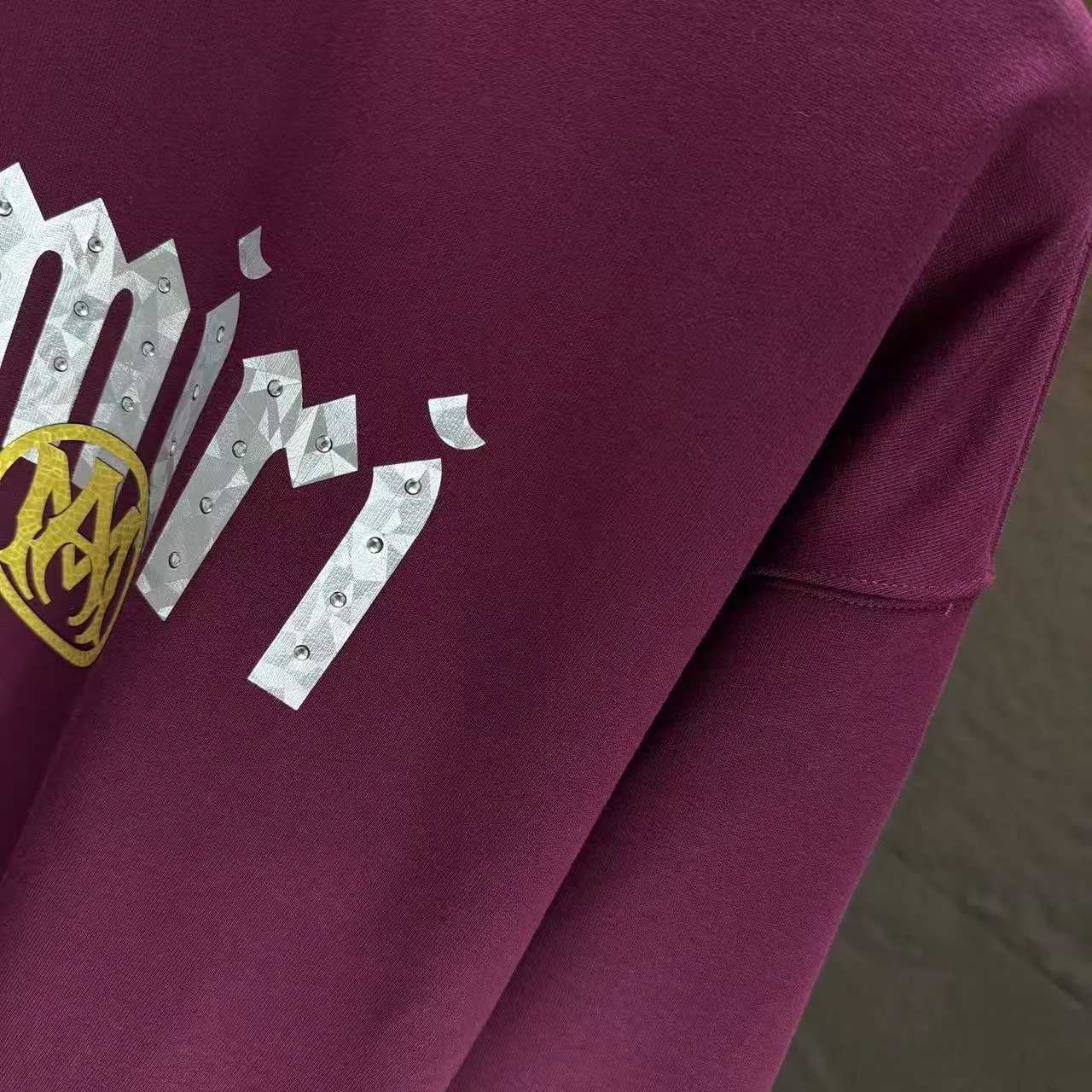 P210 AMIRI* 2025 autumn and winter new round neck sweatshirt 400g terry cotton letter logo three-dimensional thick plate glue ➕ metal diamond Color: Black White Gray Purple Size: S M L XL XXL