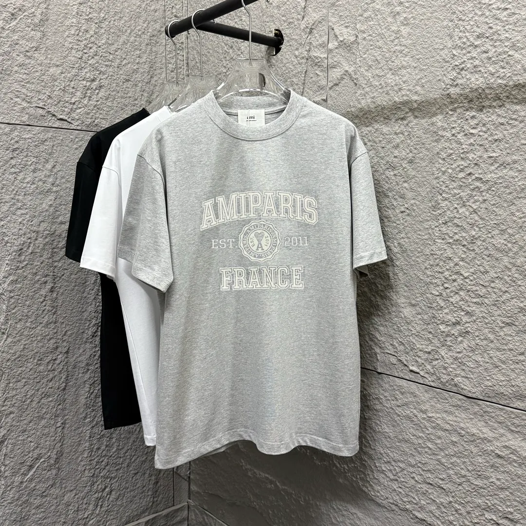 🅿️180 Ami* 2025 spring and summer new style Ami letter flocking technology Customized double yarn plain cotton fabric Short-sleeved T-shirt Uniform for men and women Color: black white floral gray Size: S (90-130 catties) M (120-150 catties) L (140-165 catties) XL (160-180 catties) XXL (180-210 pounds)