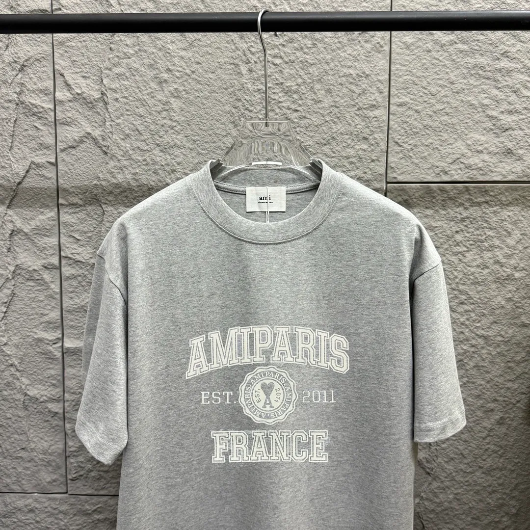 🅿️180 Ami* 2025 spring and summer new style Ami letter flocking technology Customized double yarn plain cotton fabric Short-sleeved T-shirt Uniform for men and women Color: black white floral gray Size: S (90-130 catties) M (120-150 catties) L (140-165 catties) XL (160-180 catties) XXL (180-210 pounds)