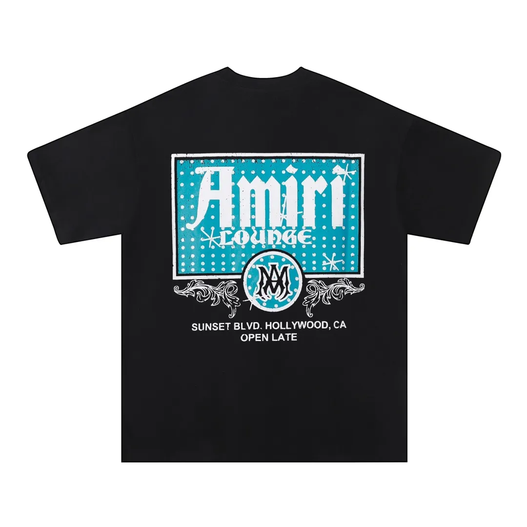 P138 Fabric: 260g double yarn AMIRI 2025 spring and summer new logo round neck T-shirt high street same style for men and women loose classic letter printed short sleeves Color: black. Apricot Size: S M L XL