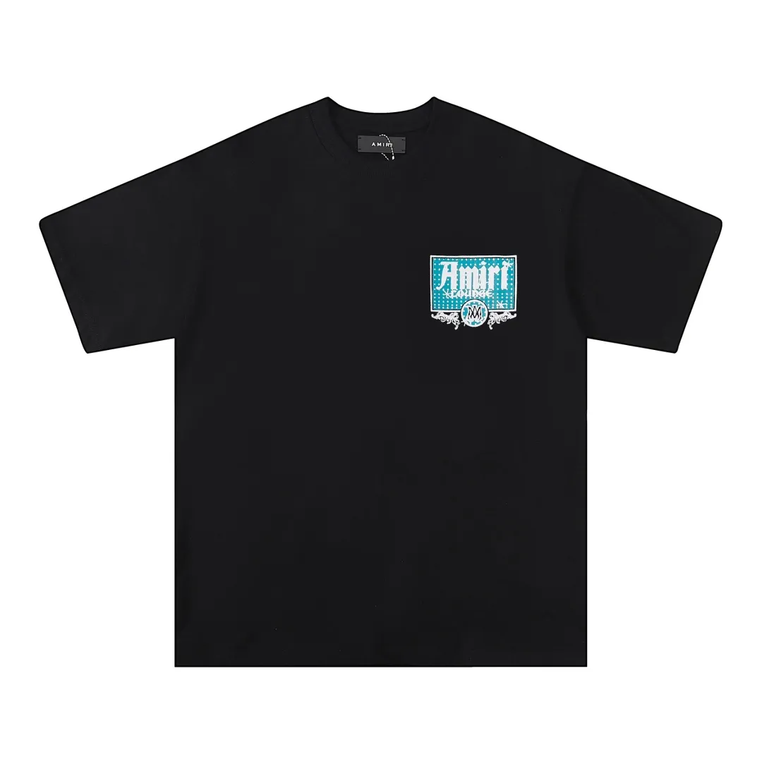 P138 Fabric: 260g double yarn AMIRI 2025 spring and summer new logo round neck T-shirt high street same style for men and women loose classic letter printed short sleeves Color: black. Apricot Size: S M L XL