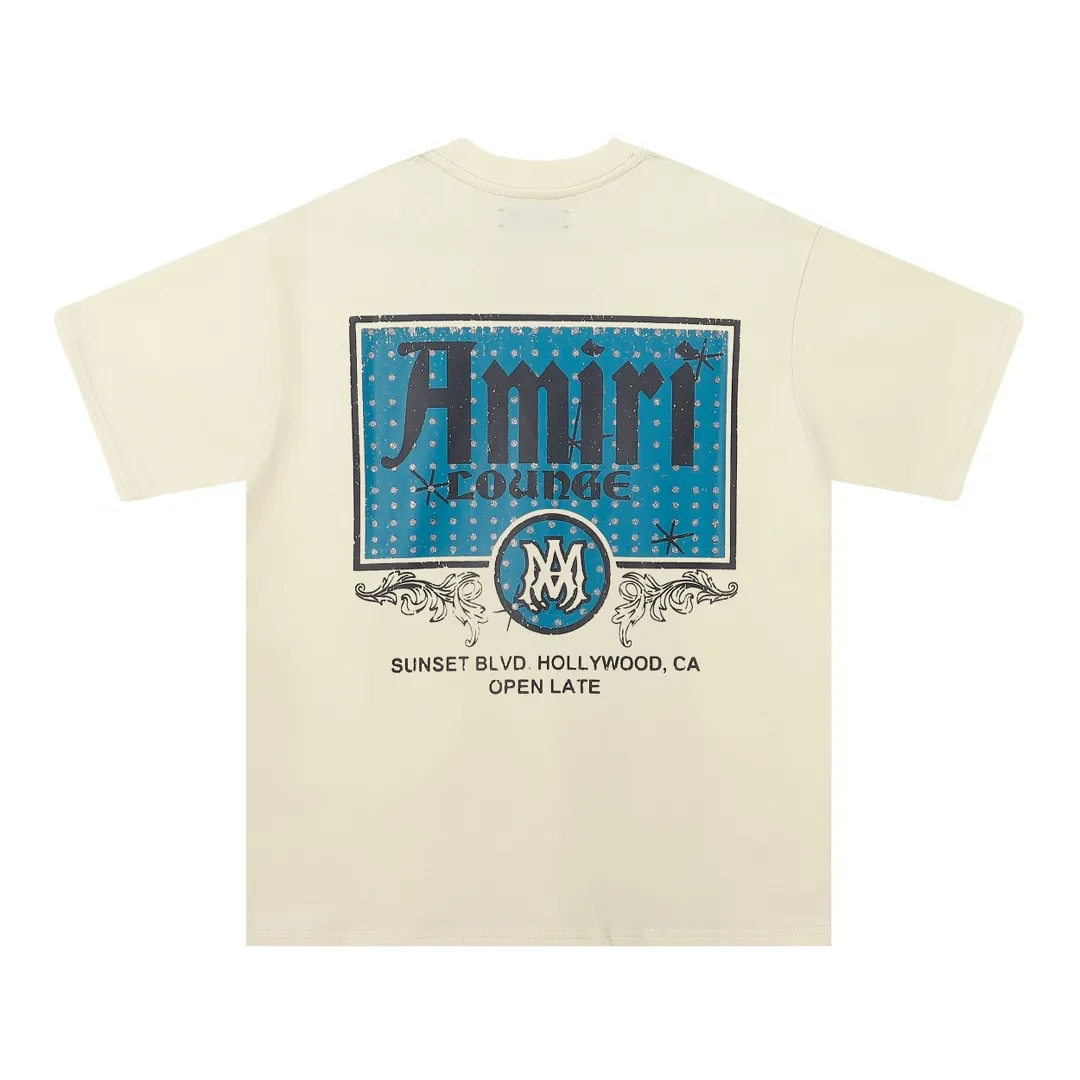 P138 Fabric: 260g double yarn AMIRI 2025 spring and summer new logo round neck T-shirt high street same style for men and women loose classic letter printed short sleeves Color: black. Apricot Size: S M L XL