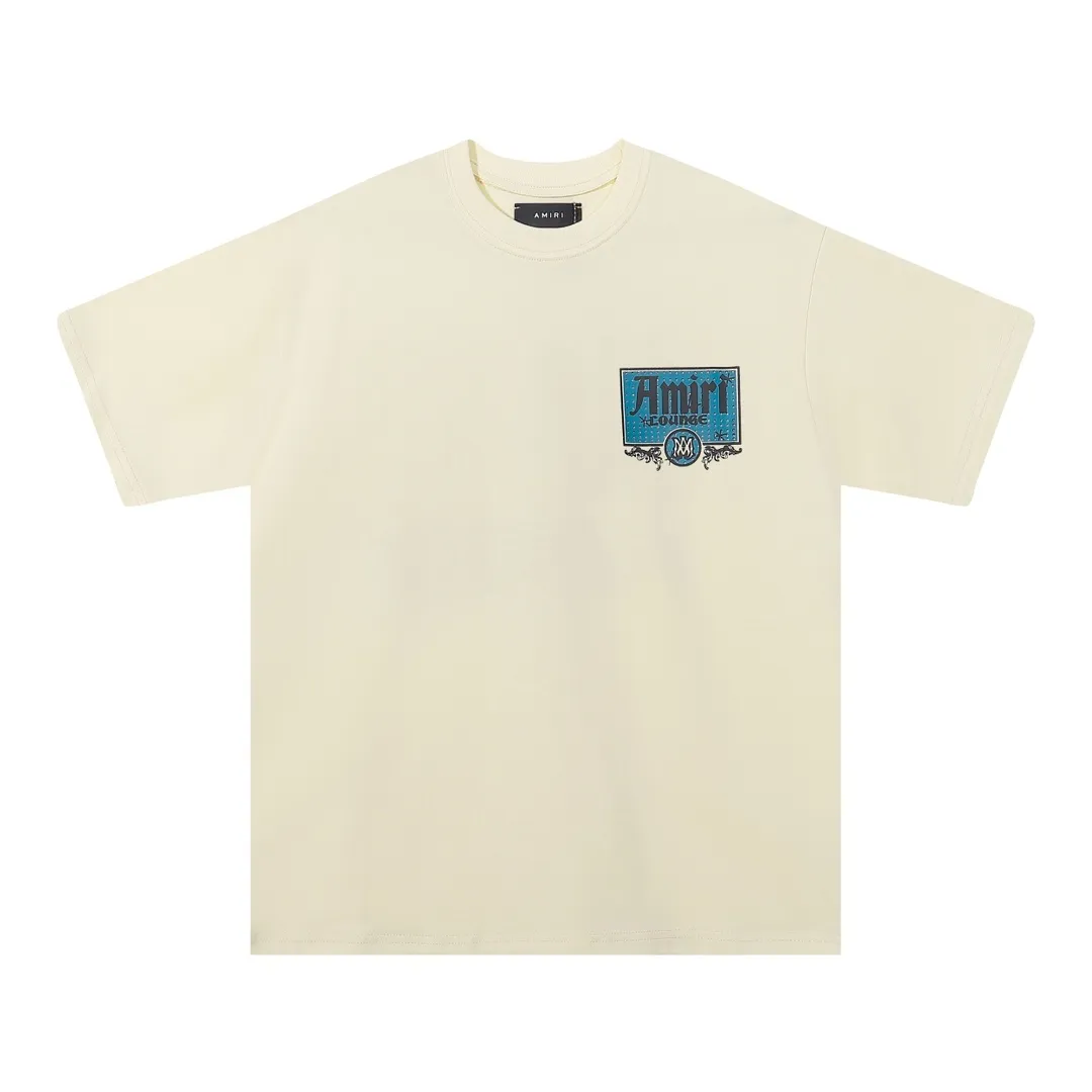 P138 Fabric: 260g double yarn AMIRI 2025 spring and summer new logo round neck T-shirt high street same style for men and women loose classic letter printed short sleeves Color: black. Apricot Size: S M L XL