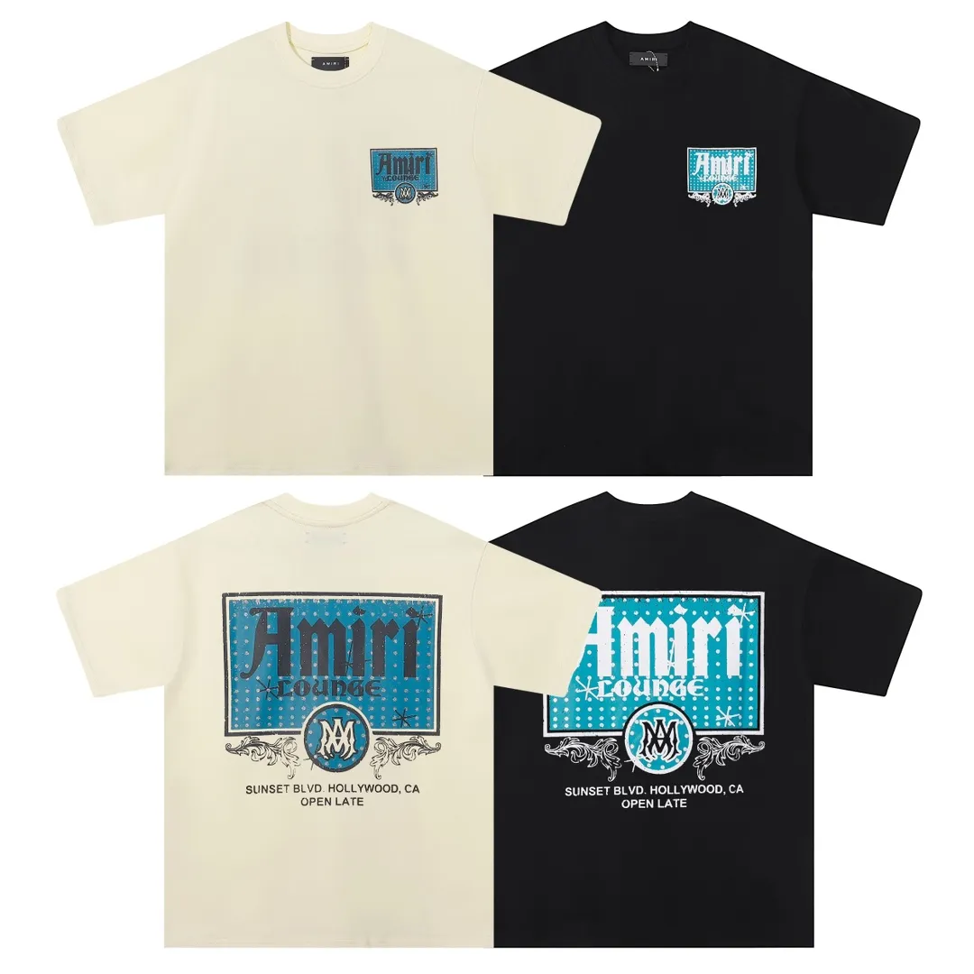 P138 Fabric: 260g double yarn AMIRI 2025 spring and summer new logo round neck T-shirt high street same style for men and women loose classic letter printed short sleeves Color: black. Apricot Size: S M L XL