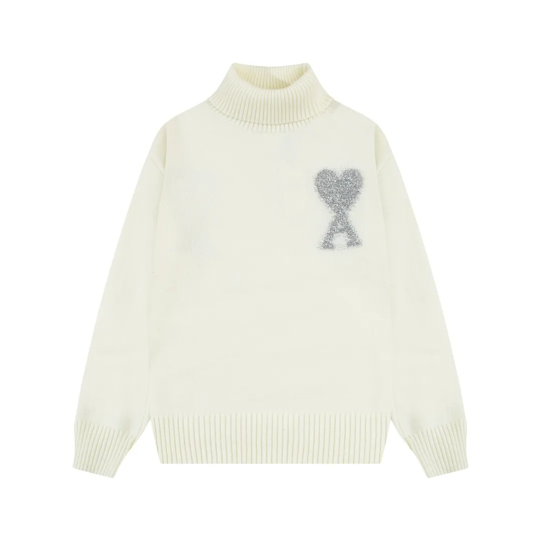 A8149# [Christmas Capsule Series] AMI Paris 2023 autumn and winter new silver big heart alpaca blended soft and waxy knitted turtleneck sweater Oversize version Uniform style for men and women Color: off-white Size: S-XL