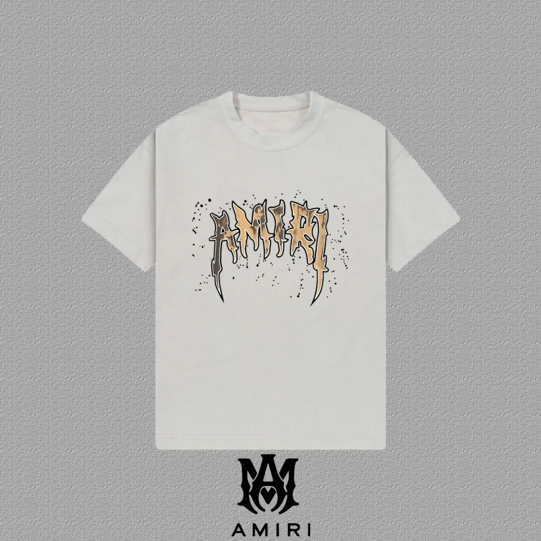 P140 [AMIRI] 2025FW short-sleeved T-shirt LOGO printing, high-end 26s double yarn 300g fabric, heavy fabric, custom stretcher rib, same vat and dye, complete three standards, same style for men and women, color: black, white, gray, size: S M L XL 2XL