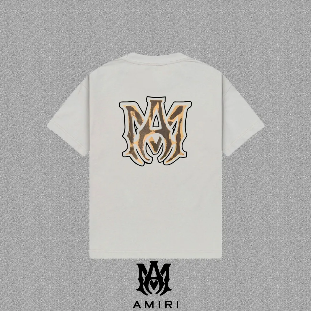 P140 [AMIRI] 2025FW short-sleeved T-shirt LOGO printing, high-end 26s double yarn 300g fabric, heavy fabric, custom stretcher rib, same vat and dye, complete three standards, same style for men and women, color: black, white, gray, size: S M L XL 2XL