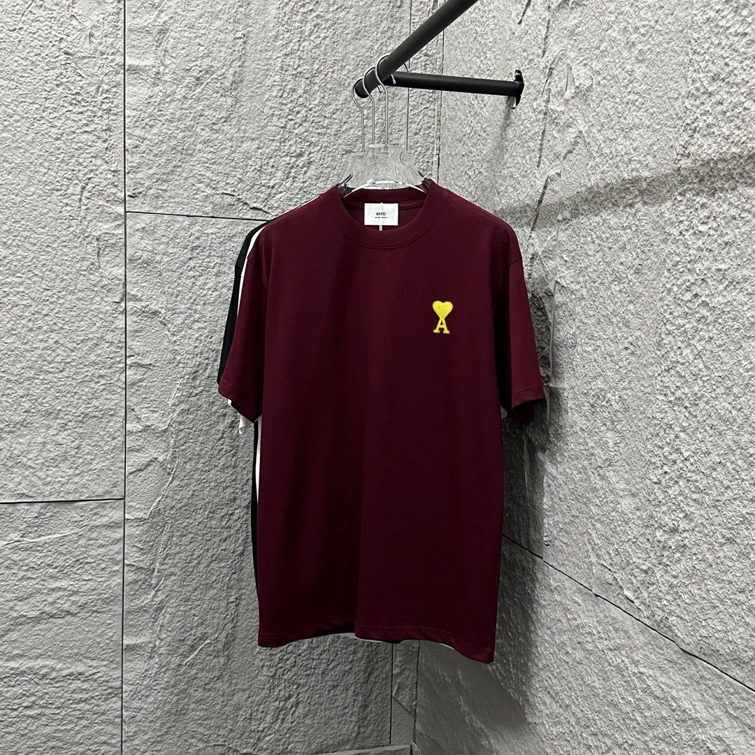 🅿️180 Ami* 2025 Spring and Summer New Style Embroidered yellow little love Customized double yarn plain cotton fabric Short-sleeved T-shirt Uniform for men and women Color: Black White Floral Gray Angora Red Size: S (90-130 catties) M (120-150 catties) L (140-165 catties) XL (160-180 catties) XXL (180-210 pounds)