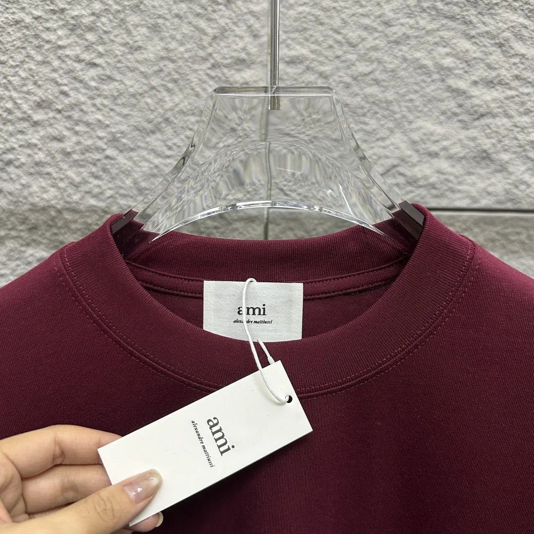 🅿️180 Ami* 2025 Spring and Summer New Style Embroidered yellow little love Customized double yarn plain cotton fabric Short-sleeved T-shirt Uniform for men and women Color: Black White Floral Gray Angora Red Size: S (90-130 catties) M (120-150 catties) L (140-165 catties) XL (160-180 catties) XXL (180-210 pounds)