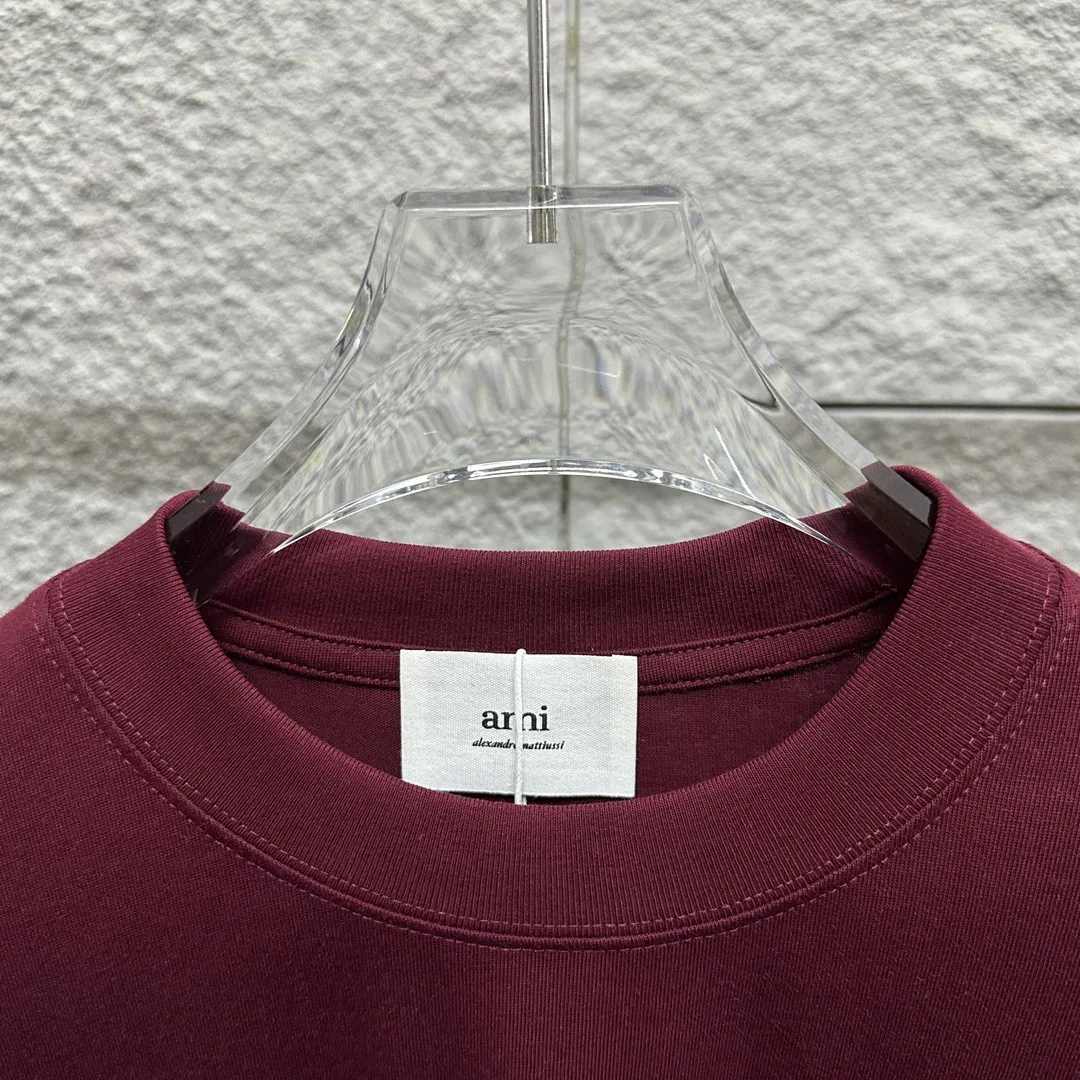 🅿️180 Ami* 2025 Spring and Summer New Style Embroidered yellow little love Customized double yarn plain cotton fabric Short-sleeved T-shirt Uniform for men and women Color: Black White Floral Gray Angora Red Size: S (90-130 catties) M (120-150 catties) L (140-165 catties) XL (160-180 catties) XXL (180-210 pounds)