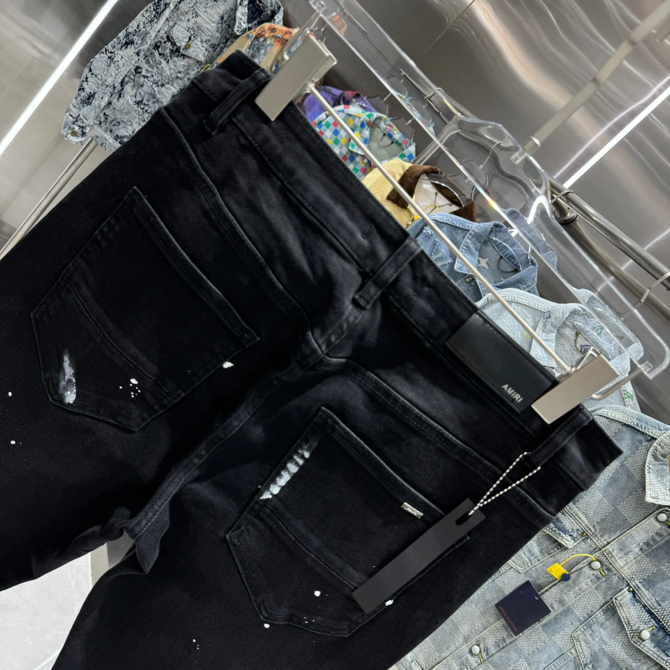 P290 Amiri graffiti patch pattern embroidered street fashion slim fit stretch jeans Color Black Size 30 32 34 36 38