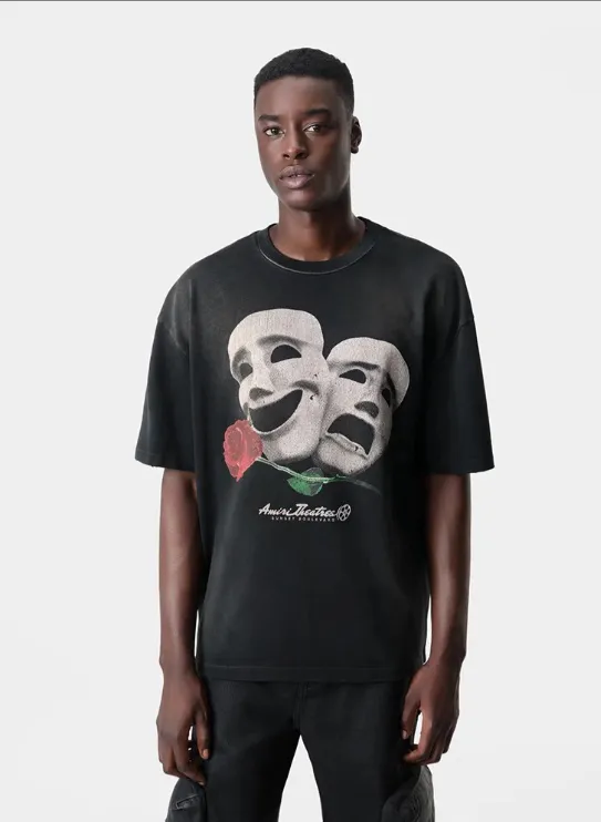 Style number: 720 P126 Fabric: 260g double yarn AMIRI 2025 spring and summer new logo round neck T-shirt high street men and women loose classic letter mask short sleeves Color: black. Size: S M L XL