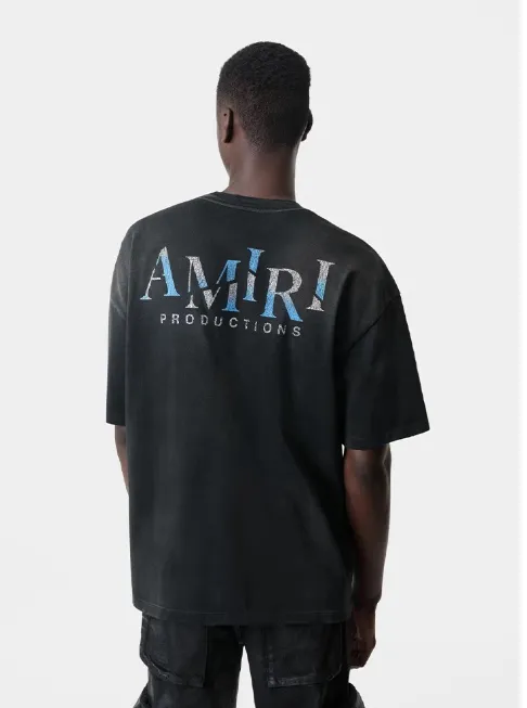 Style number: 720 P126 Fabric: 260g double yarn AMIRI 2025 spring and summer new logo round neck T-shirt high street men and women loose classic letter mask short sleeves Color: black. Size: S M L XL