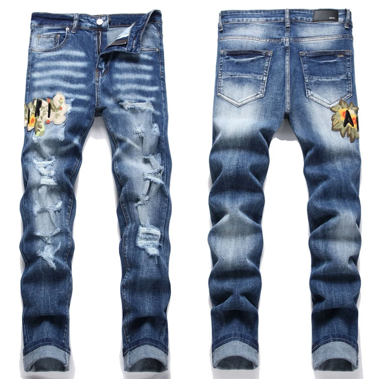 #M53 P168💰 AMIRI patch embroidery jeans trousers AMIRI high street basic ripped tight elastic jeans trousers amiri brand jeans break the production process and cutting of the original jeans, the fabrics are softer and more comfortable Hand-sewn collar label Customized logo buttons Genuine leather tag Color: Picture color Size: 30-32-34-36