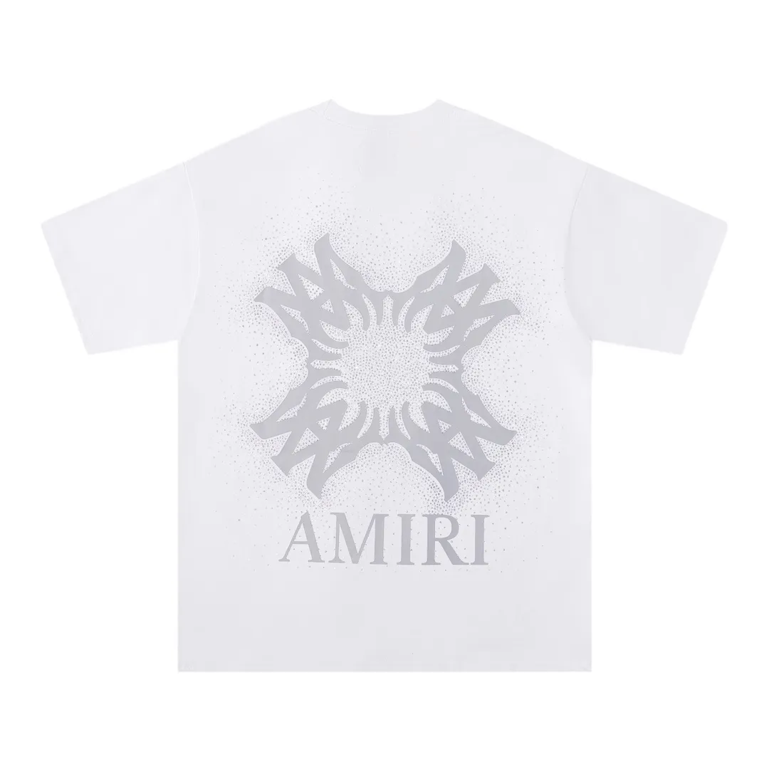 P126 Fabric: 260g double yarn, AMIRI 2025 spring and summer new logo round neck T-shirt, high street, same style for men and women, loose classic hot silver lettering printed short sleeves. Color: black. White Size: S M L XL