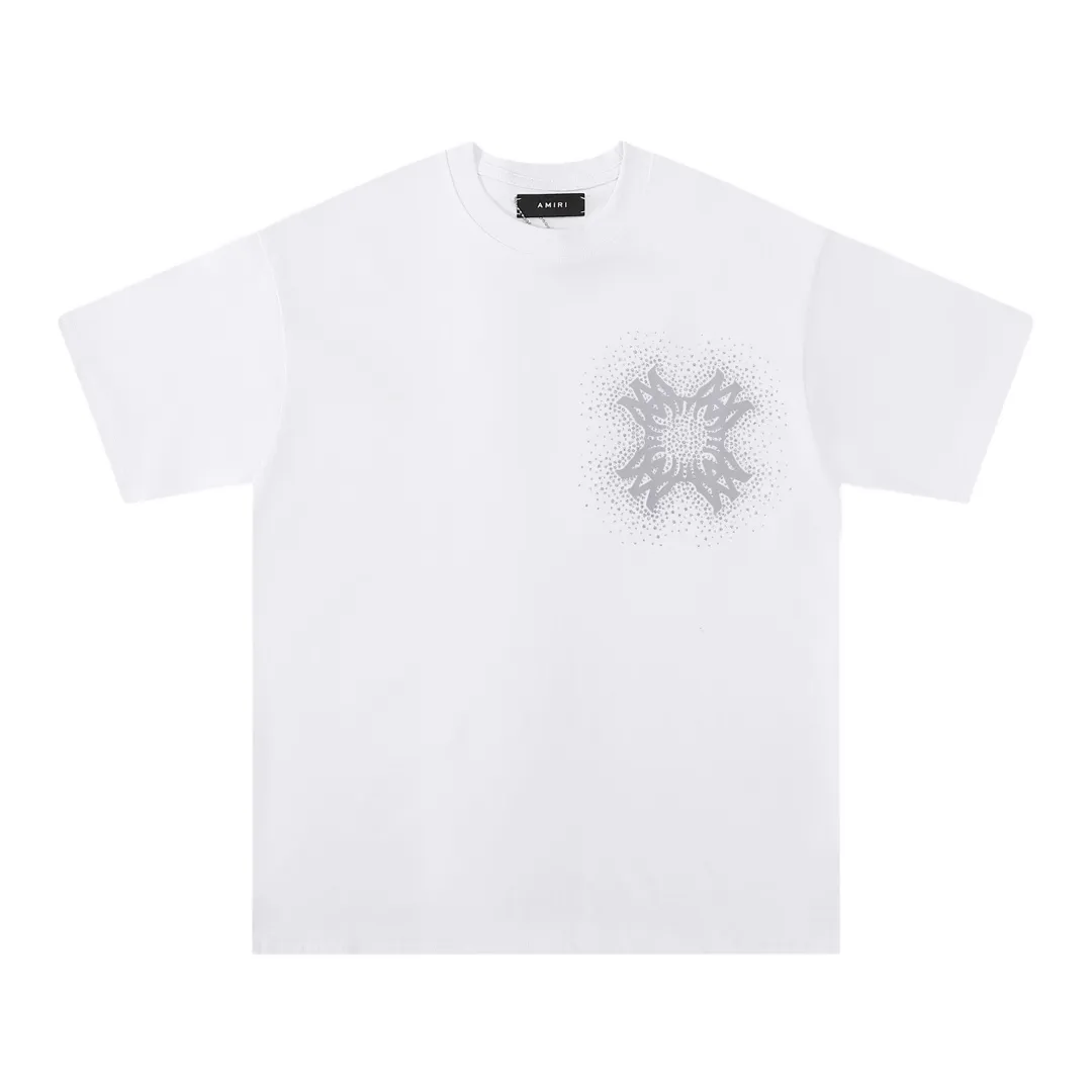 P126 Fabric: 260g double yarn, AMIRI 2025 spring and summer new logo round neck T-shirt, high street, same style for men and women, loose classic hot silver lettering printed short sleeves. Color: black. White Size: S M L XL