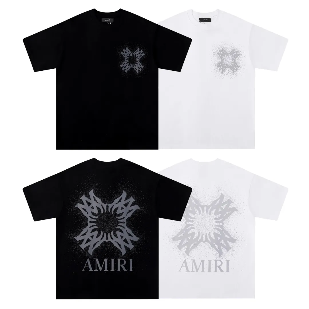 P126 Fabric: 260g double yarn, AMIRI 2025 spring and summer new logo round neck T-shirt, high street, same style for men and women, loose classic hot silver lettering printed short sleeves. Color: black. White Size: S M L XL