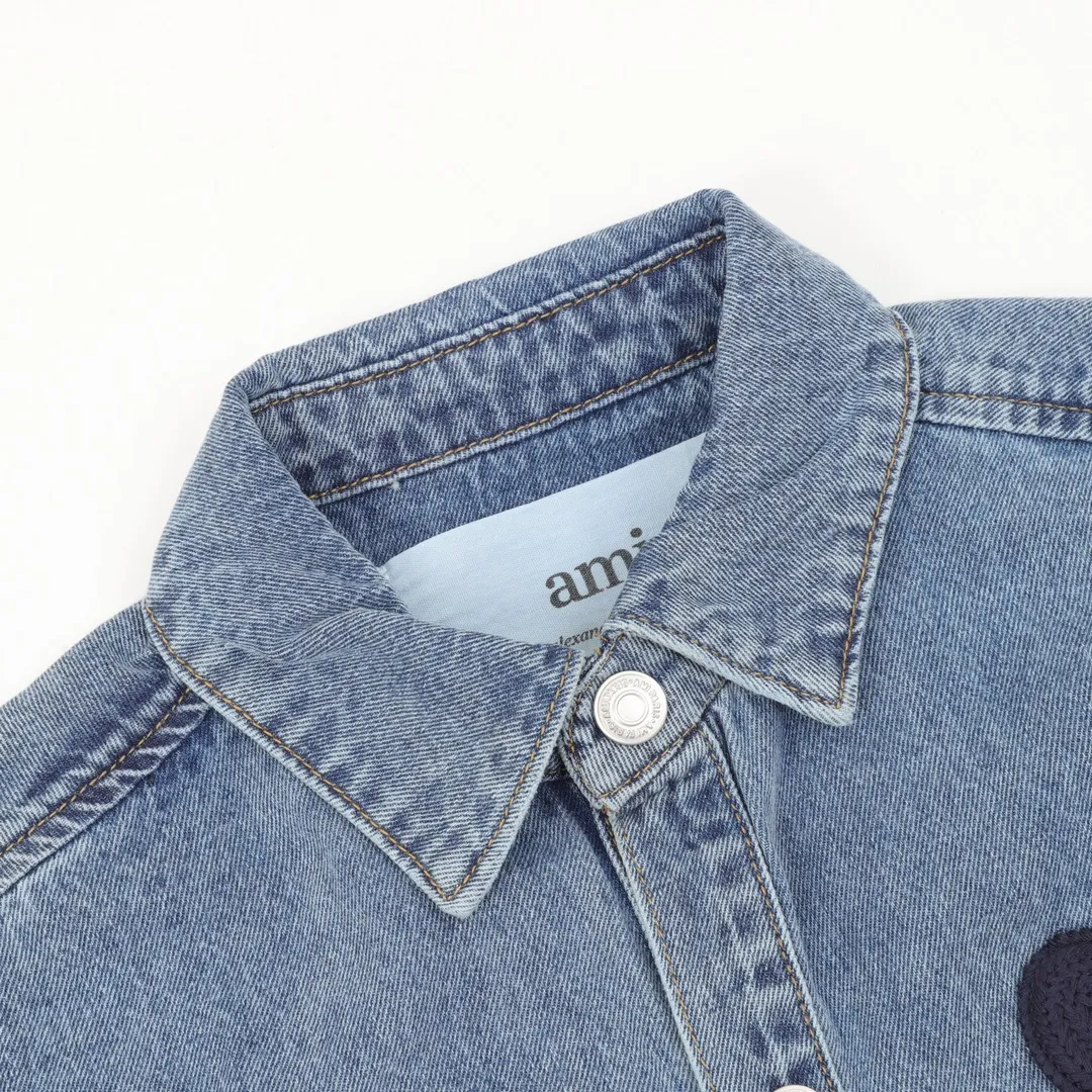🅿️540 AMI PARIS 25 new autumn and winter woven love embroidered long-sleeved denim loose casual lapel jacket, buttons decorated with LOGO YP, can be worn by men and women, dropped shoulder length, color: apricot, apricot red heart, denim basket size: S-XL