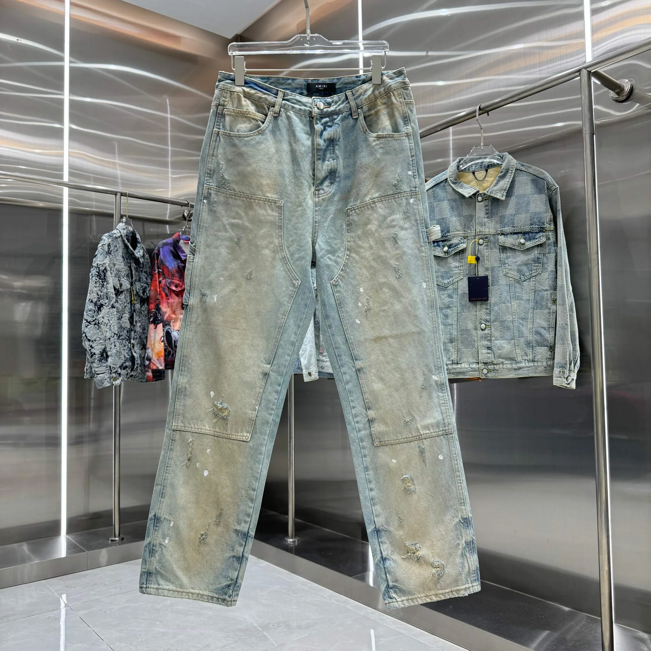 P290 Amiri ripped graffiti workwear street fashion loose straight jeans Color Light Blue Size 30 32 34 36 38