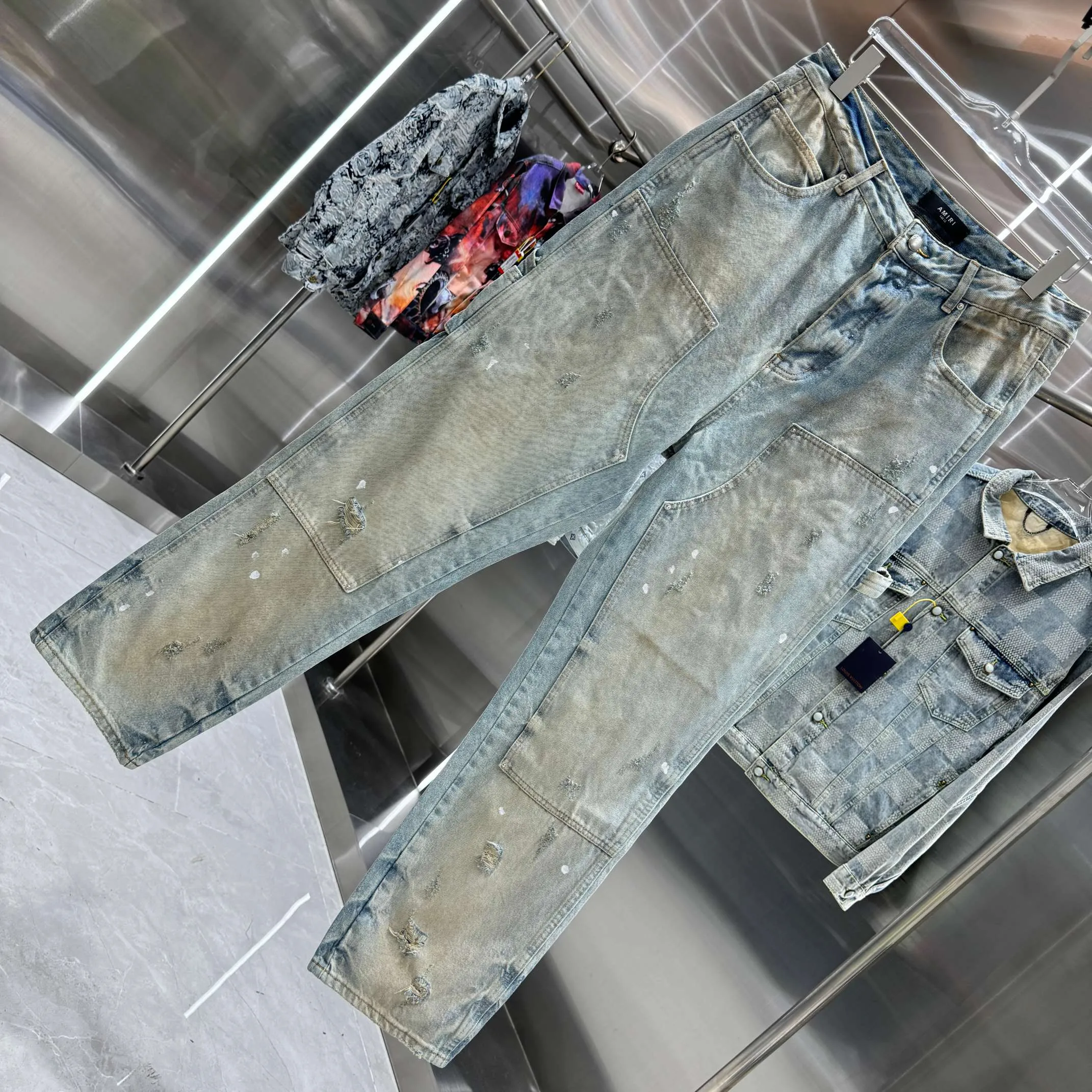 P290 Amiri ripped graffiti workwear street fashion loose straight jeans Color Light Blue Size 30 32 34 36 38