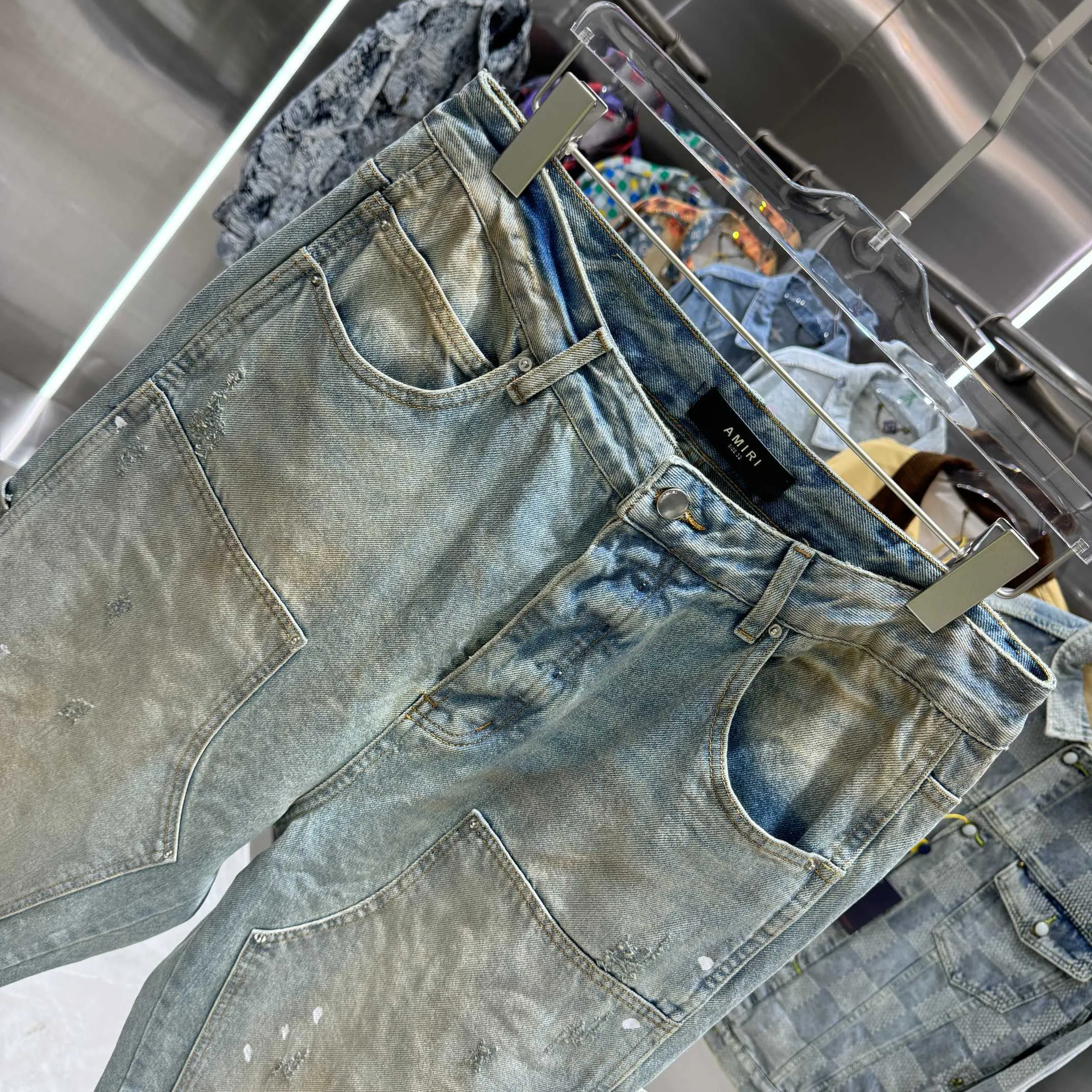 P290 Amiri ripped graffiti workwear street fashion loose straight jeans Color Light Blue Size 30 32 34 36 38
