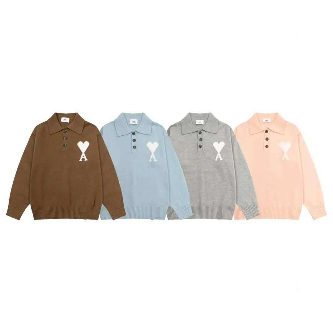 8202# Ami Paris2025 [New product for autumn and winter] White love jacquard ADC alpaca blended loose sweater Polo collar pullover sweater, same style for men and women, Oversize version Color: Brown Blue Light Gray Light Pink Size: S-XL