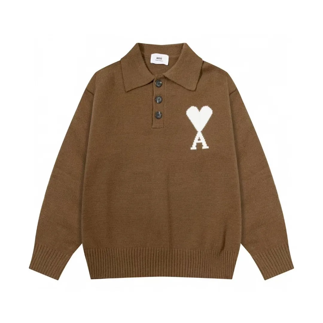 8202# Ami Paris2025 [New product for autumn and winter] White love jacquard ADC alpaca blended loose sweater Polo collar pullover sweater, same style for men and women, Oversize version Color: Brown Blue Light Gray Light Pink Size: S-XL