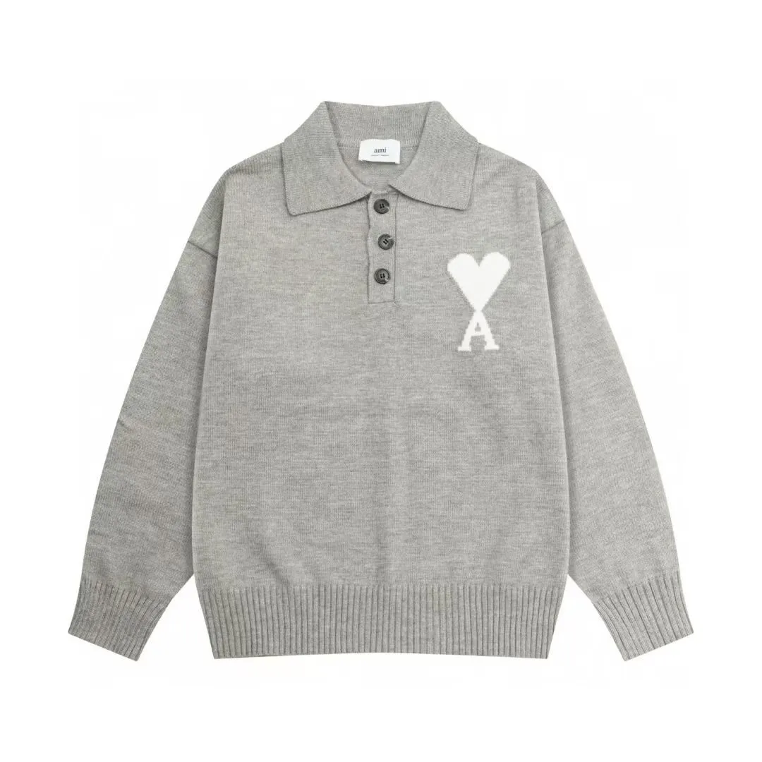 8202# Ami Paris2025 [New product for autumn and winter] White love jacquard ADC alpaca blended loose sweater Polo collar pullover sweater, same style for men and women, Oversize version Color: Brown Blue Light Gray Light Pink Size: S-XL