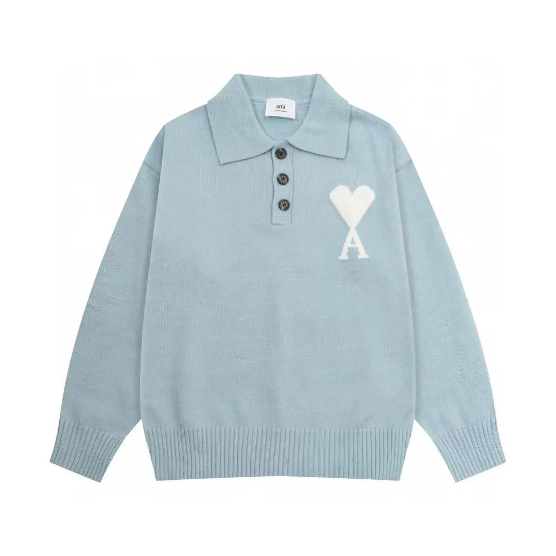 8202# Ami Paris2025 [New product for autumn and winter] White love jacquard ADC alpaca blended loose sweater Polo collar pullover sweater, same style for men and women, Oversize version Color: Brown Blue Light Gray Light Pink Size: S-XL