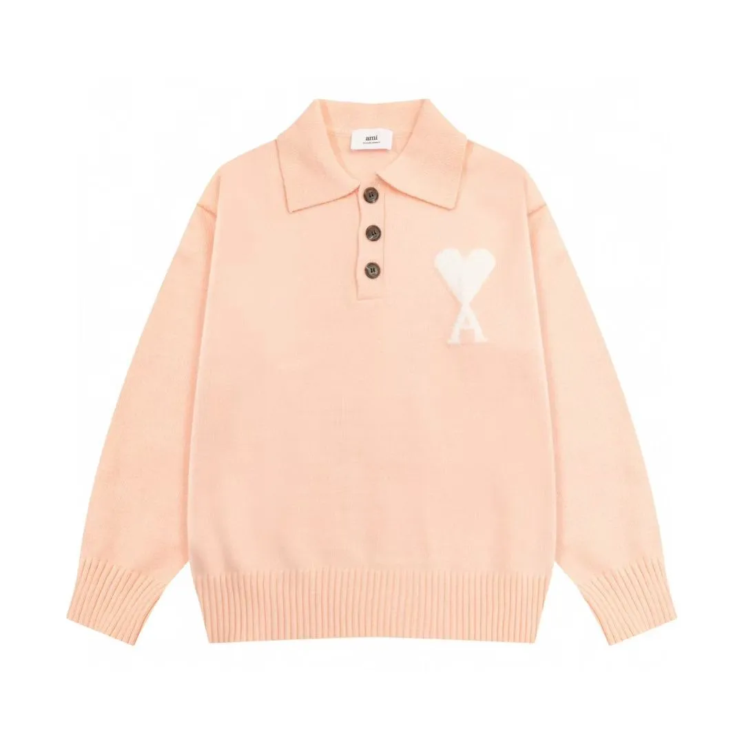 8202# Ami Paris2025 [New product for autumn and winter] White love jacquard ADC alpaca blended loose sweater Polo collar pullover sweater, same style for men and women, Oversize version Color: Brown Blue Light Gray Light Pink Size: S-XL