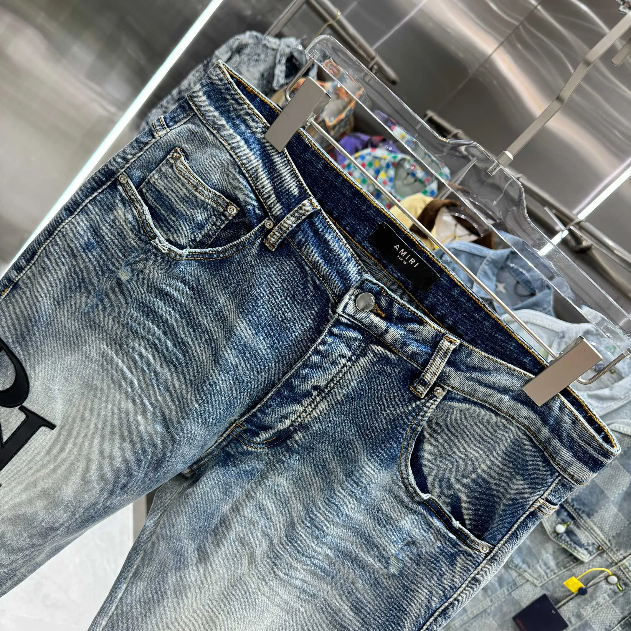 P290 Amiri letter leather label embroidered street fashion slim fit stretch jeans Color Blue Size 30 32 34 36 38