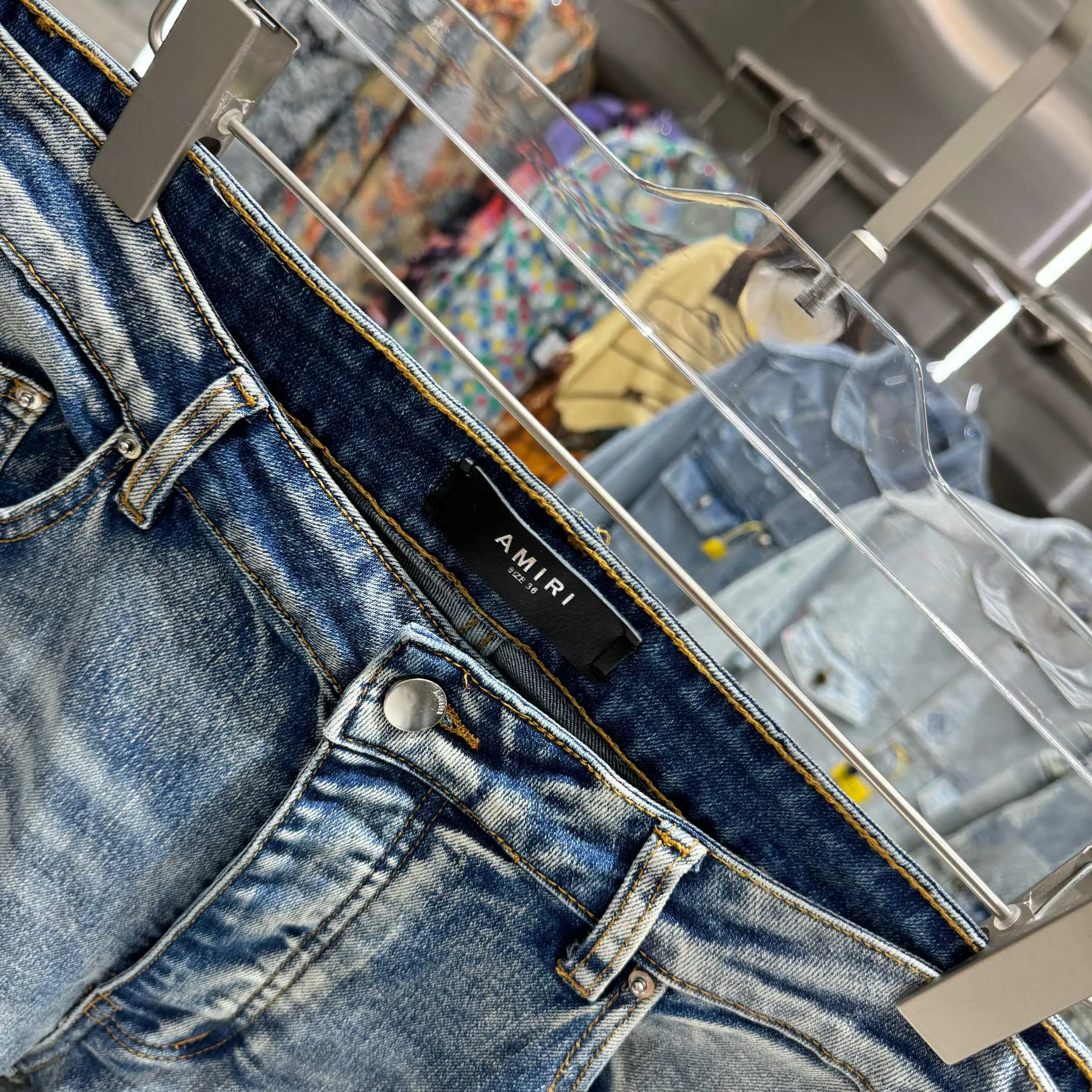 P290 Amiri letter leather label embroidered street fashion slim fit stretch jeans Color Blue Size 30 32 34 36 38
