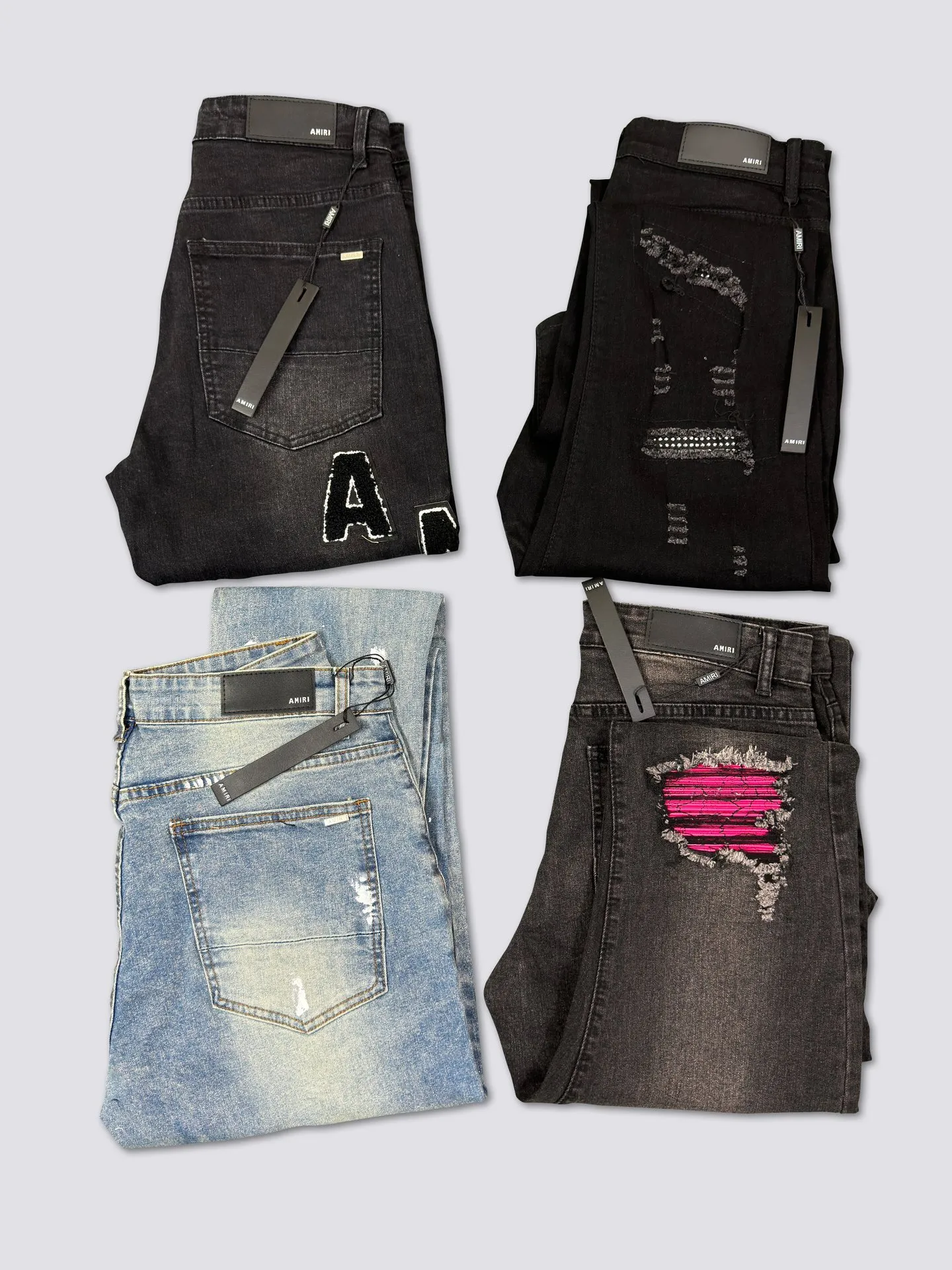 AMIRI's new jeans washed ripped silver diamond denim trousers are the same for men and women Color: Blue Size: S-XL (28-34)