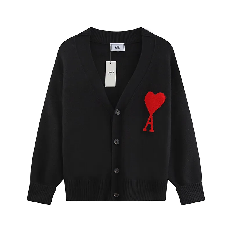 A5# Ami Paris 21 Love Series Big Love Sweater Love A Letter Red Heart Cardigan V-neck Wool Sweater Loose Jacket for Men and Women Color: Black White Gray Colorful Blue Royal Blue Red Dark Green Fluorescent Grass Green Yellow Gray Black Heart Red Black Heart Rose Red Yellow Orange 15 Colors Size: S-XL