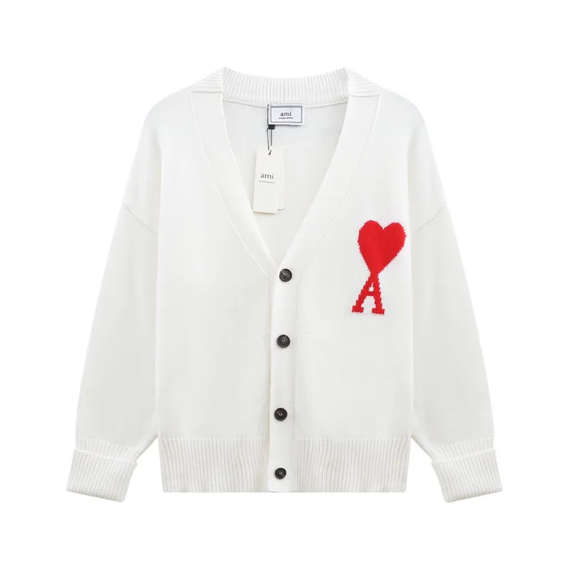 A5# Ami Paris 21 Love Series Big Love Sweater Love A Letter Red Heart Cardigan V-neck Wool Sweater Loose Jacket for Men and Women Color: Black White Gray Colorful Blue Royal Blue Red Dark Green Fluorescent Grass Green Yellow Gray Black Heart Red Black Heart Rose Red Yellow Orange 15 Colors Size: S-XL