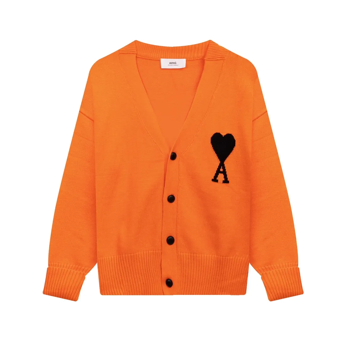 A5# Ami Paris 21 Love Series Big Love Sweater Love A Letter Red Heart Cardigan V-neck Wool Sweater Loose Jacket for Men and Women Color: Black White Gray Colorful Blue Royal Blue Red Dark Green Fluorescent Grass Green Yellow Gray Black Heart Red Black Heart Rose Red Yellow Orange 15 Colors Size: S-XL