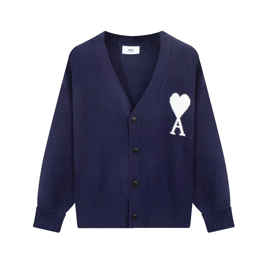 A5# Ami Paris 21 Love Series Big Love Sweater Love A Letter Red Heart Cardigan V-neck Wool Sweater Loose Jacket for Men and Women Color: Black White Gray Colorful Blue Royal Blue Red Dark Green Fluorescent Grass Green Yellow Gray Black Heart Red Black Heart Rose Red Yellow Orange 15 Colors Size: S-XL