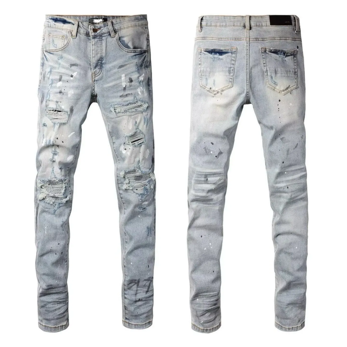 P220 💰 AMIRI patch embroidery jeans trousers AMIRI high street basic ripped tight elastic jeans trousers amiri brand jeans break the production process and cutting of the original jeans, the fabrics are softer and more comfortable Hand-sewn collar label Customized logo buttons Genuine leather tag Color: Picture color Size: 30-32-34-36