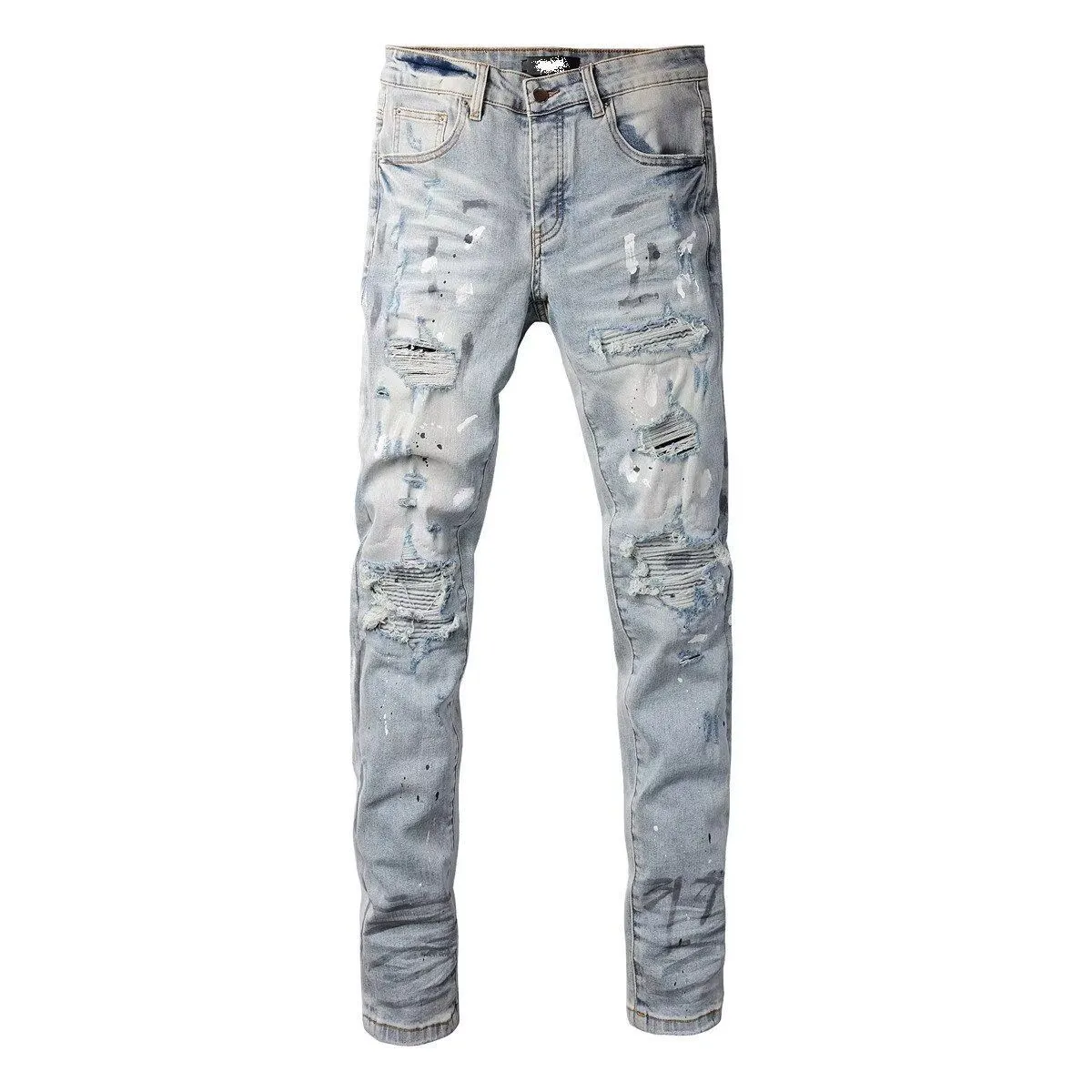 P220 💰 AMIRI patch embroidery jeans trousers AMIRI high street basic ripped tight elastic jeans trousers amiri brand jeans break the production process and cutting of the original jeans, the fabrics are softer and more comfortable Hand-sewn collar label Customized logo buttons Genuine leather tag Color: Picture color Size: 30-32-34-36