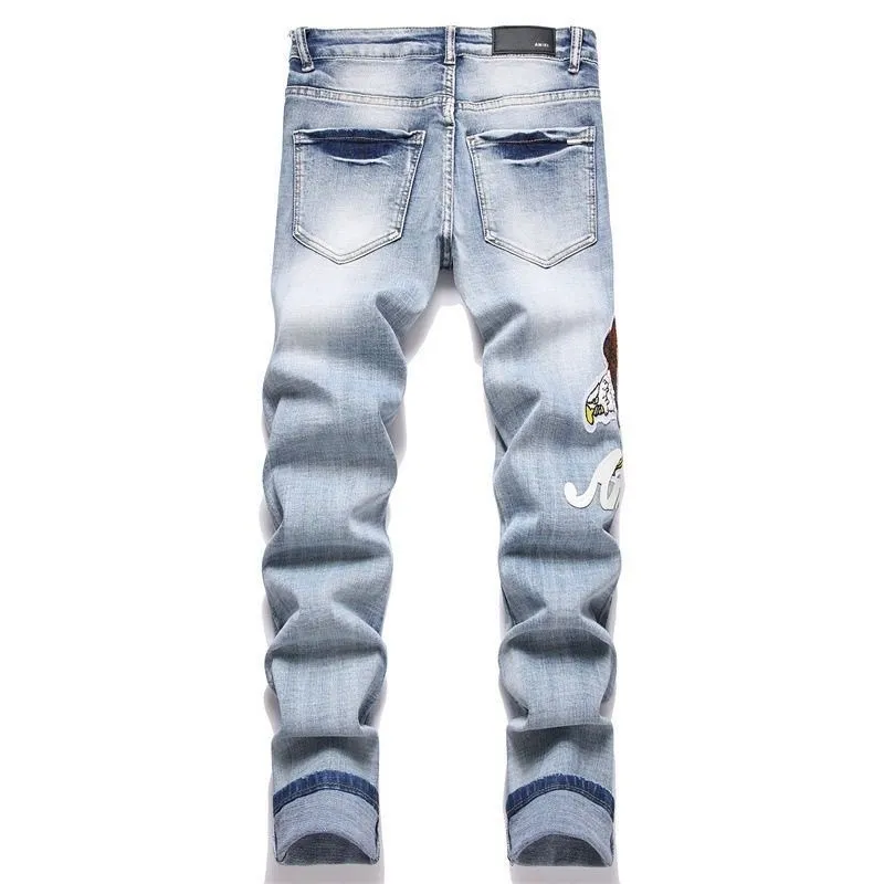 P168 💰 AMIRI patch embroidery jeans trousers AMIRI high street basic ripped tight elastic jeans trousers amiri brand jeans break the production process and cutting of the original jeans, the fabrics are softer and more comfortable Hand-sewn collar label Customized logo buttons Genuine leather tag Color: Picture color Size: 30-32-34-36