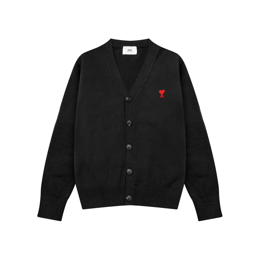 A8166# Ami Paris 2024 autumn and winter new small love embroidered cardigan V-neck wool 12-needle sweater thin sweater for men and women Color: black white gray Baolan apricot Size: S-XL