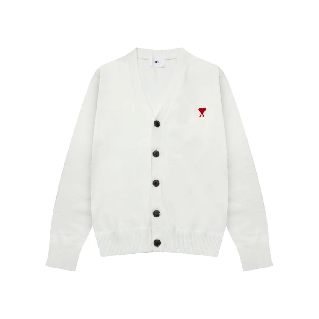 A8166# Ami Paris 2024 autumn and winter new small love embroidered cardigan V-neck wool 12-needle sweater thin sweater for men and women Color: black white gray Baolan apricot Size: S-XL