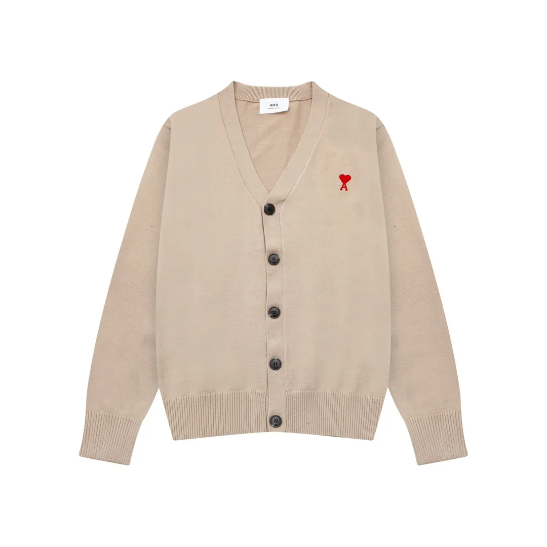 A8166# Ami Paris 2024 autumn and winter new small love embroidered cardigan V-neck wool 12-needle sweater thin sweater for men and women Color: black white gray Baolan apricot Size: S-XL