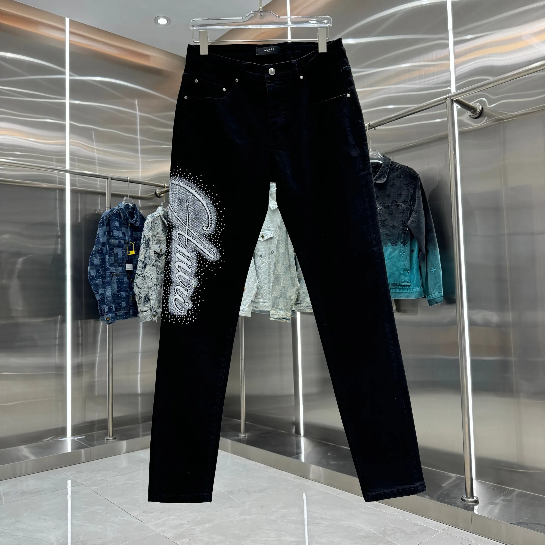 P280 Amiri hot diamond lettering craft street fashion slim fit stretch jeans Color Black Size 30 32 34 36 38