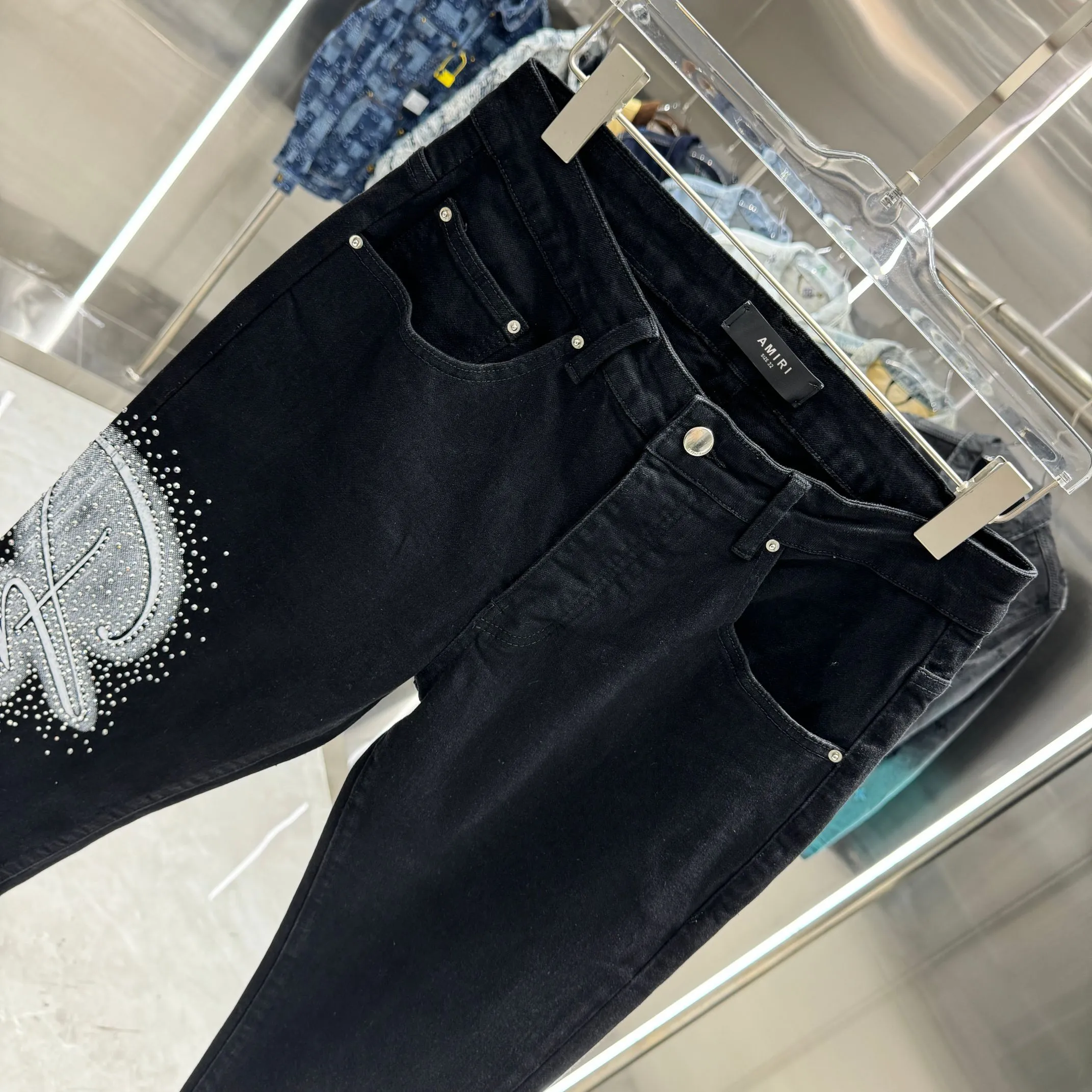 P280 Amiri hot diamond lettering craft street fashion slim fit stretch jeans Color Black Size 30 32 34 36 38