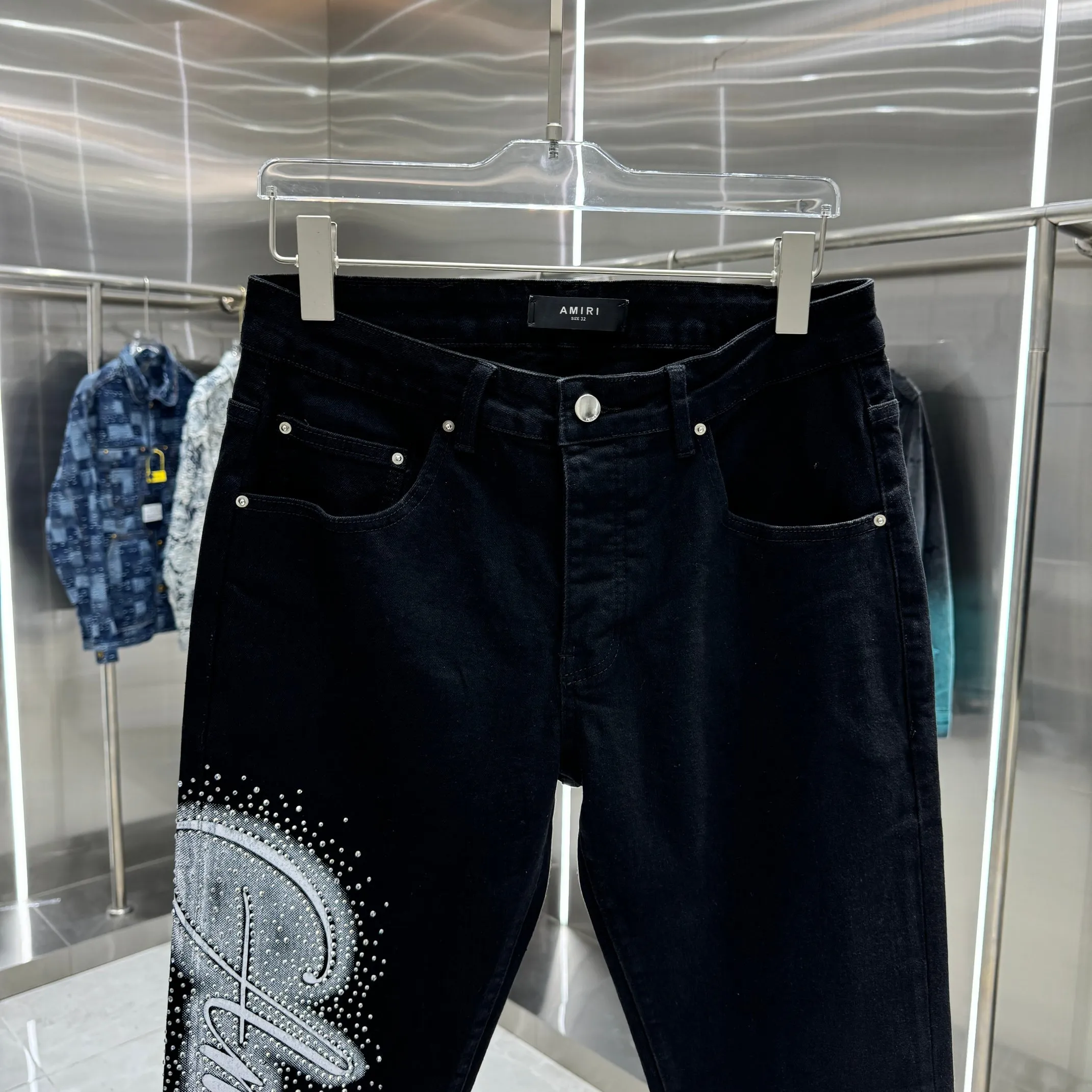 P280 Amiri hot diamond lettering craft street fashion slim fit stretch jeans Color Black Size 30 32 34 36 38