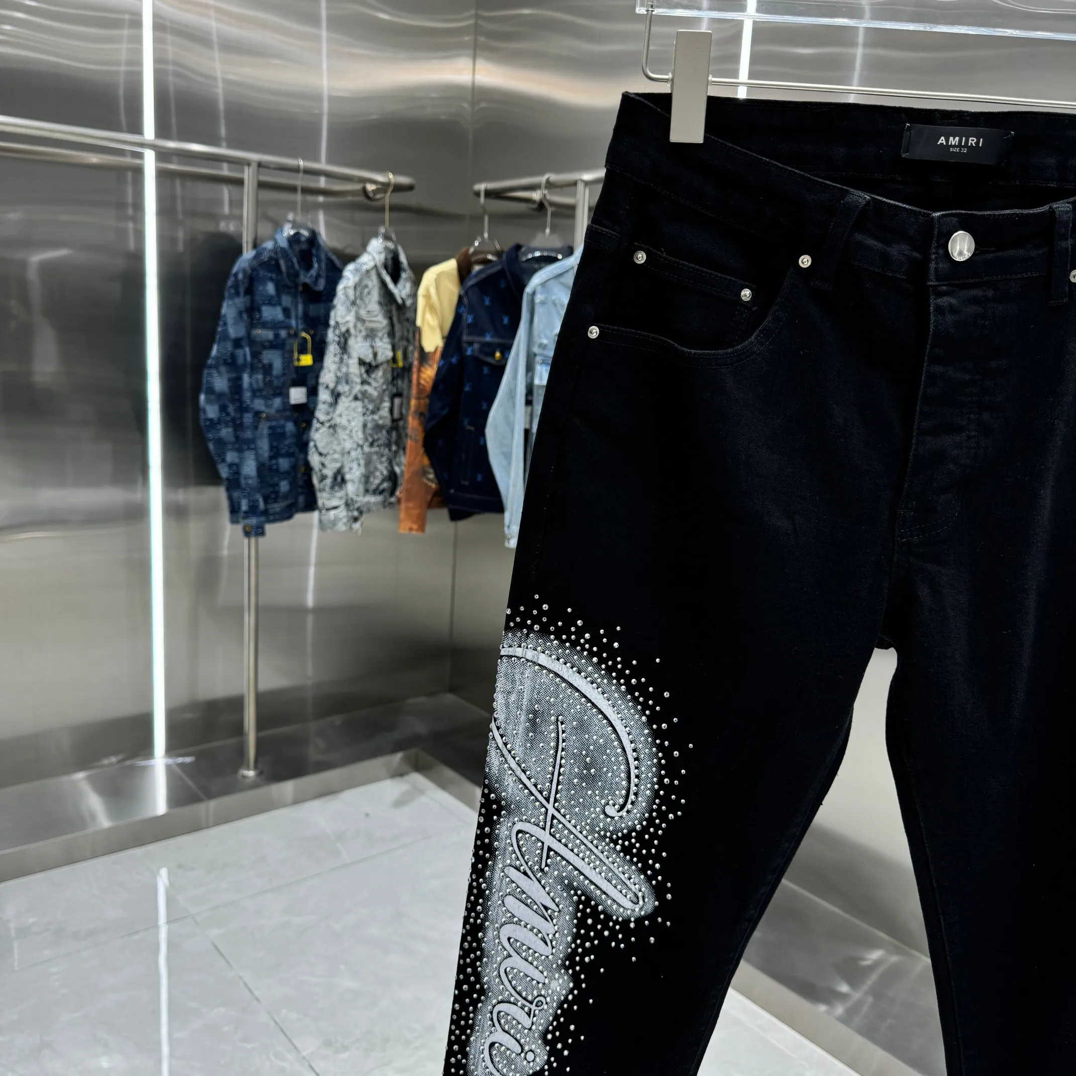 P280 Amiri hot diamond lettering craft street fashion slim fit stretch jeans Color Black Size 30 32 34 36 38