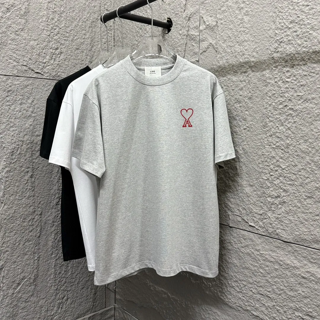 🅿️180 Ami* love embroidery 2025 spring and summer new style Hollow love A embroidered with personalized letters Customized double yarn plain cotton fabric Short-sleeved T-shirt Same style for men and women Color: white floral gray black Size: S (90-130 pounds) M (120-150 pounds) L (140-165 pounds) XL (160-180 pounds) XXL (180-210 pounds)