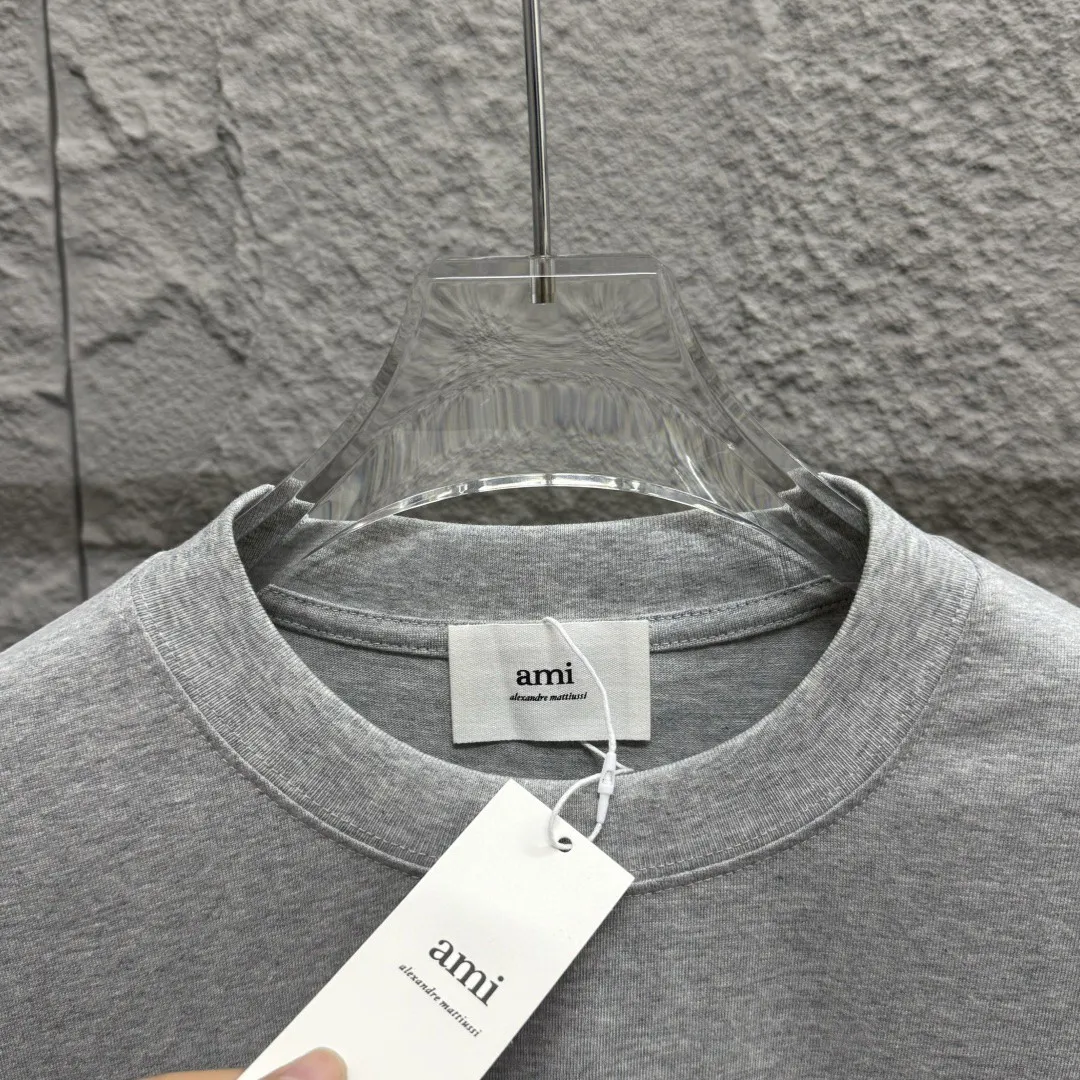 🅿️180 Ami* love embroidery 2025 spring and summer new style Hollow love A embroidered with personalized letters Customized double yarn plain cotton fabric Short-sleeved T-shirt Same style for men and women Color: white floral gray black Size: S (90-130 pounds) M (120-150 pounds) L (140-165 pounds) XL (160-180 pounds) XXL (180-210 pounds)