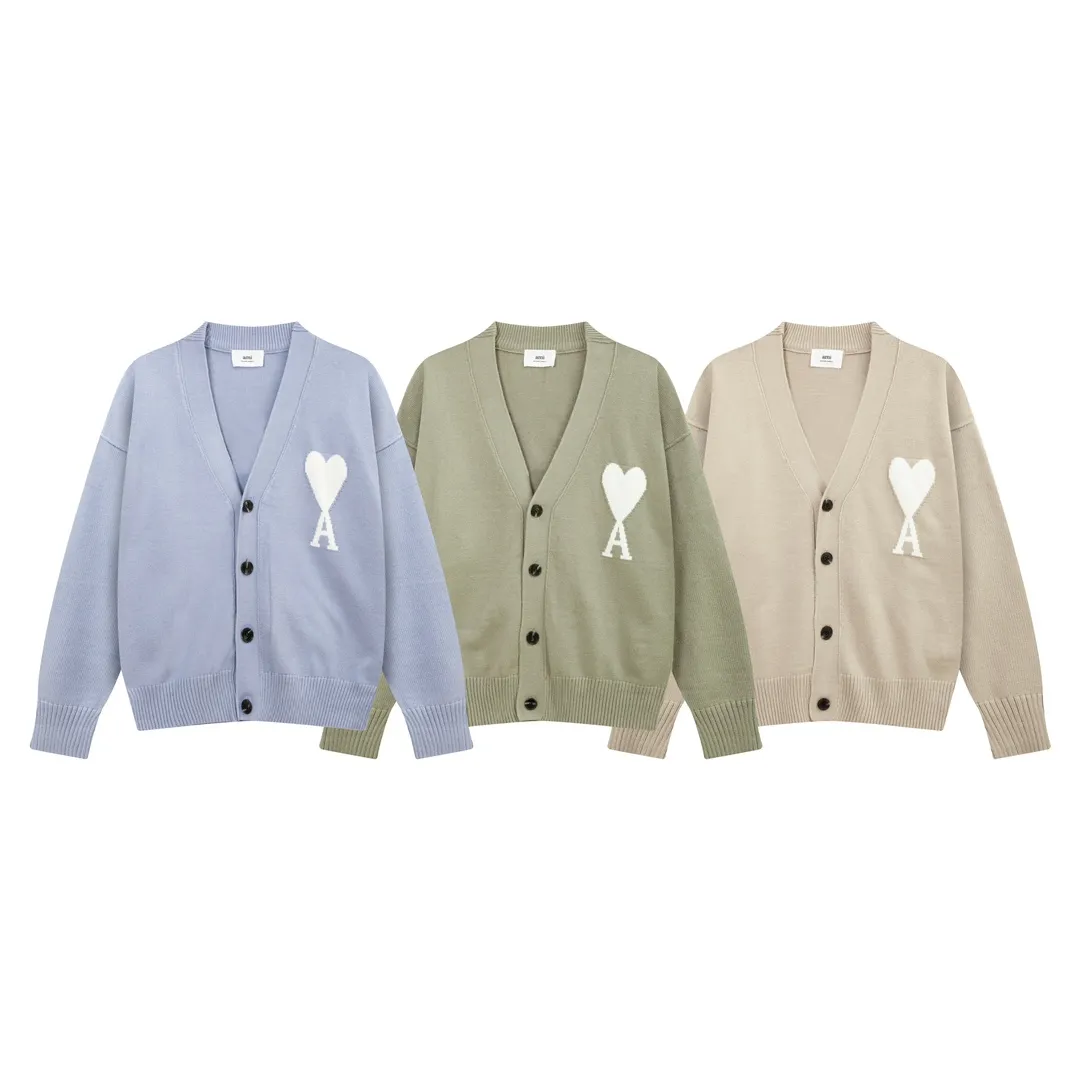 8158# Ami Paris 2024 autumn and winter new products, new colors, big heart jacquard, patchwork reverse sleeve technology, cardigan wool sweater, lazy style, same style for men and women, Oversize Color: sky blue, bean green, apricot Code number: S-XL